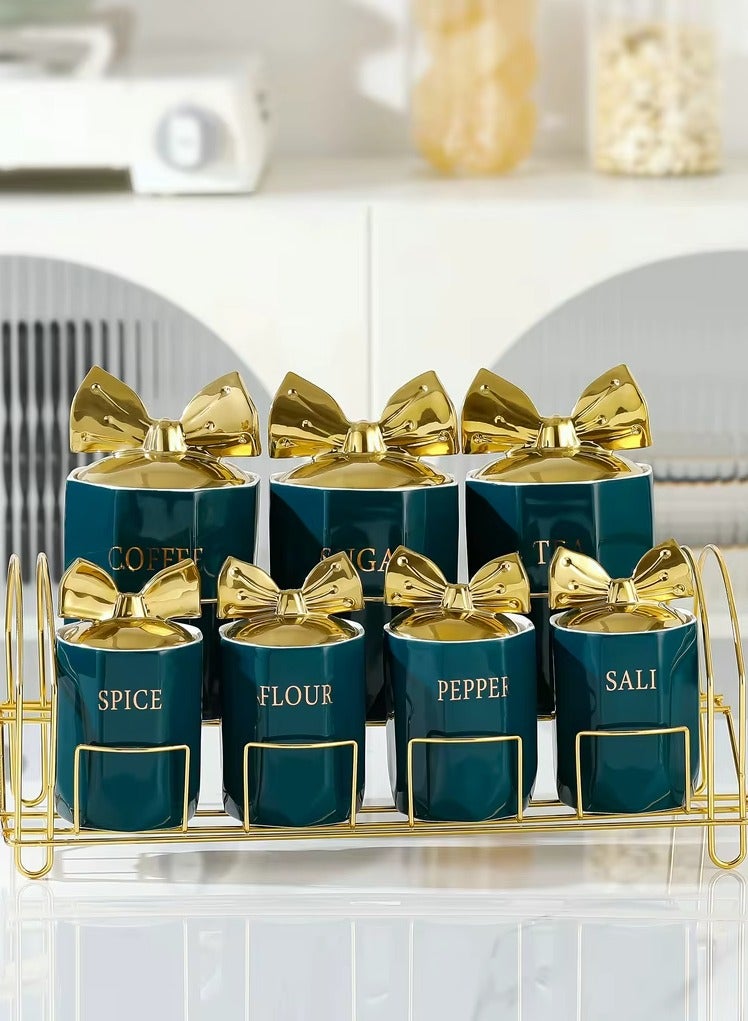 Elegant 7- piece ceramic jar set with airtight lids and a sturdy metal stand. Perfect for storing spices, tea, coffee, and more while keeping your kitchen organized and stylish. Ceramic - Image 1