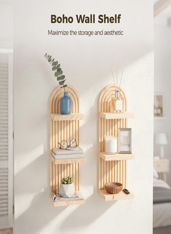 NIMBLOOM 2 Pcs Boho Wall Shelf, Arched Wood Floating Shelf 3 Tier, Arch Wall Decor, Bohemian Style Wooden Wall Mounted Storage Shelf for Living Room, Bedroom, 5.9 x 4.3 x 15.7 in - Image 2