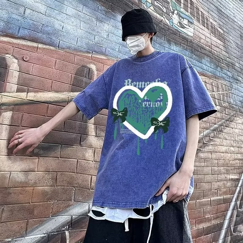 Fashion brand American retro graffiti love short sleeve T-shirt men's and women's summer Hong Kong style oversize couple's half sleeve top - Image 4