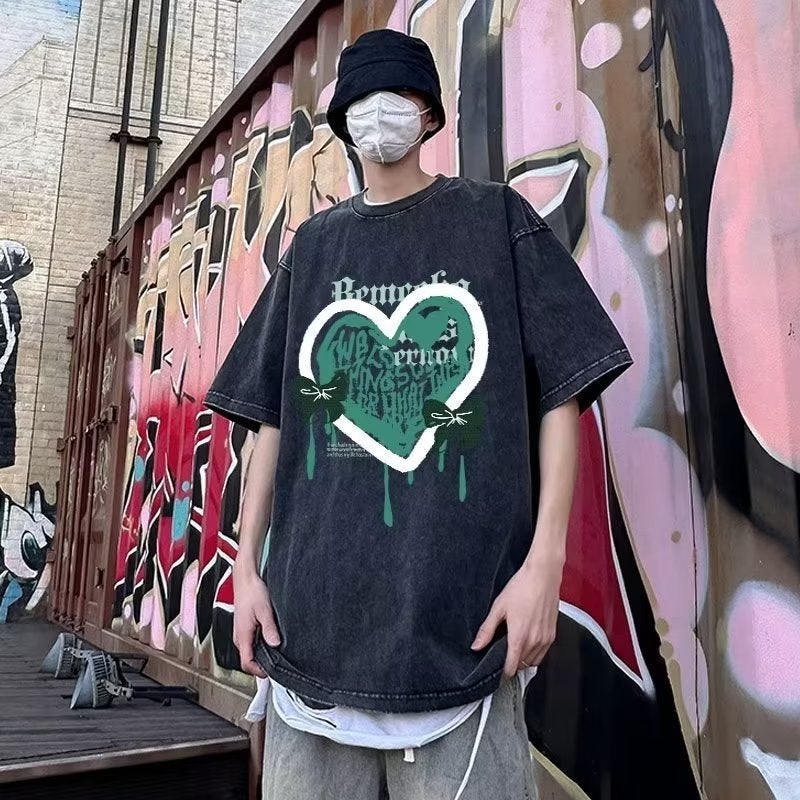 Fashion brand American retro graffiti love short sleeve T-shirt men's and women's summer Hong Kong style oversize couple's half sleeve top - Image 3