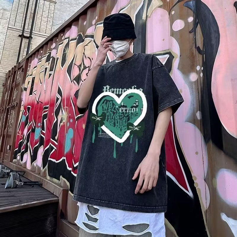 Fashion brand American retro graffiti love short sleeve T-shirt men's and women's summer Hong Kong style oversize couple's half sleeve top - Image 2