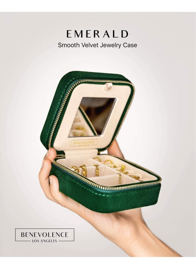 Benevolence LA - Plush Velvet Travel Jewelry Box Organizer   Travel Jewelry Case  Jewelry Travel Organizer   Small Jewelry Box For Women  Jewelry Travel Case   Earring Organizer With Mirror - Emerald Velvet - Image 1