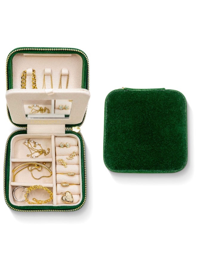 Benevolence LA - Plush Velvet Travel Jewelry Box Organizer   Travel Jewelry Case  Jewelry Travel Organizer   Small Jewelry Box For Women  Jewelry Travel Case   Earring Organizer With Mirror - Emerald Velvet - Image 1