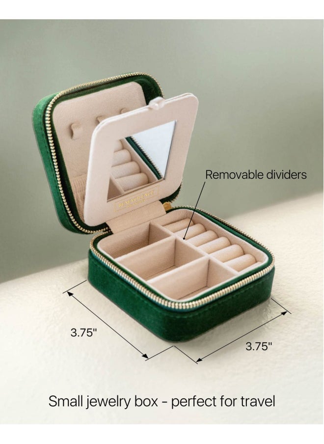 Benevolence LA - Plush Velvet Travel Jewelry Box Organizer   Travel Jewelry Case  Jewelry Travel Organizer   Small Jewelry Box For Women  Jewelry Travel Case   Earring Organizer With Mirror - Emerald Velvet - Image 1
