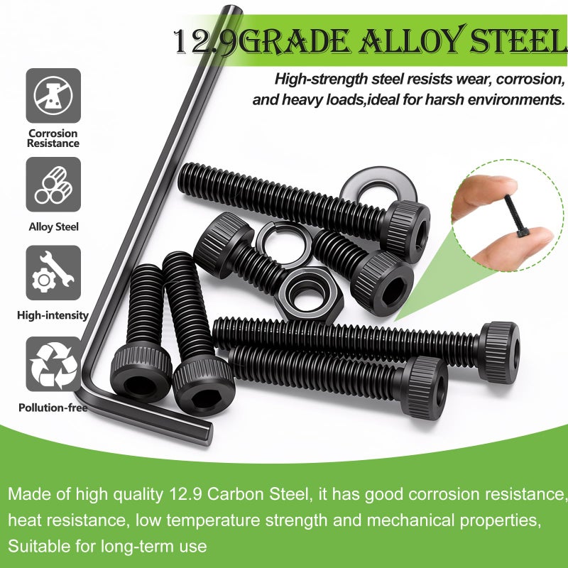 mxuteuk 720PCS M3 Screws Assortment Kit,M3Ã—6/8/10/12/16/20mm Black Zinc Hex Socket Head Bolts Nuts Washers Set,12.9 Grade Alloy Steel M3 Screws Suitable for 3D Printer,DIY - Image 4