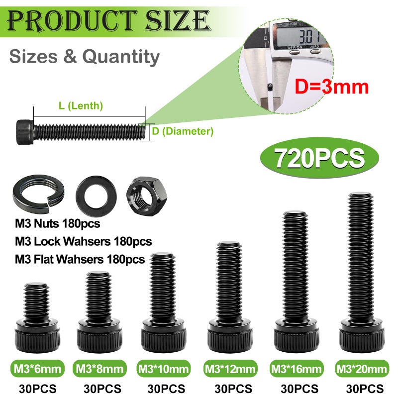 mxuteuk 720PCS M3 Screws Assortment Kit,M3Ã—6/8/10/12/16/20mm Black Zinc Hex Socket Head Bolts Nuts Washers Set,12.9 Grade Alloy Steel M3 Screws Suitable for 3D Printer,DIY - Image 2