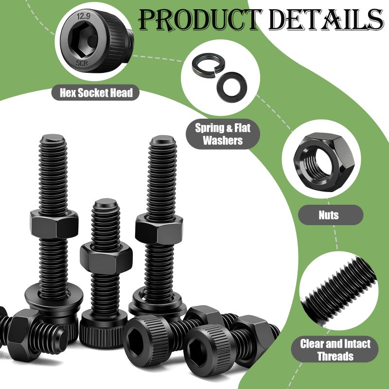 mxuteuk 720PCS M3 Screws Assortment Kit,M3Ã—6/8/10/12/16/20mm Black Zinc Hex Socket Head Bolts Nuts Washers Set,12.9 Grade Alloy Steel M3 Screws Suitable for 3D Printer,DIY - Image 3