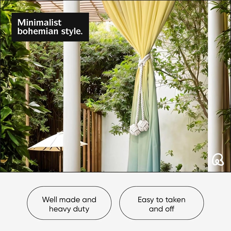 MAKNGRID (MAKNGRID6864) Boho Curtain Tiebacks with Natural Cotton Rope, 2 Pieces, Beige Black Curtain Curtains with Voile Tie Unique Curtain Ties Designer Tie Ways to Simple Tieback Hooks no Drill - Image 3