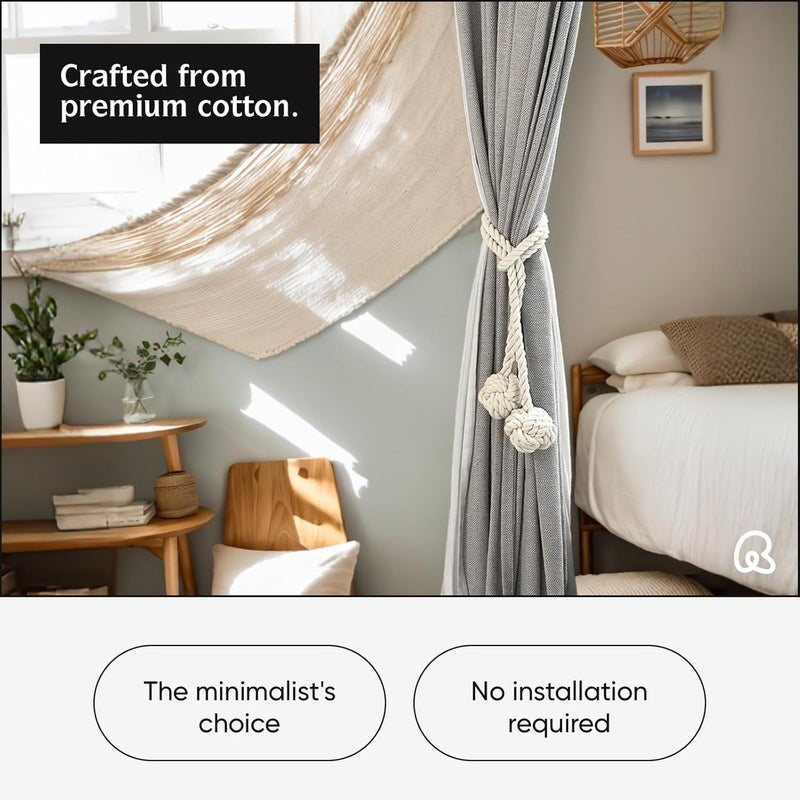 MAKNGRID (MAKNGRID6864) Boho Curtain Tiebacks with Natural Cotton Rope, 2 Pieces, Beige Black Curtain Curtains with Voile Tie Unique Curtain Ties Designer Tie Ways to Simple Tieback Hooks no Drill - Image 5