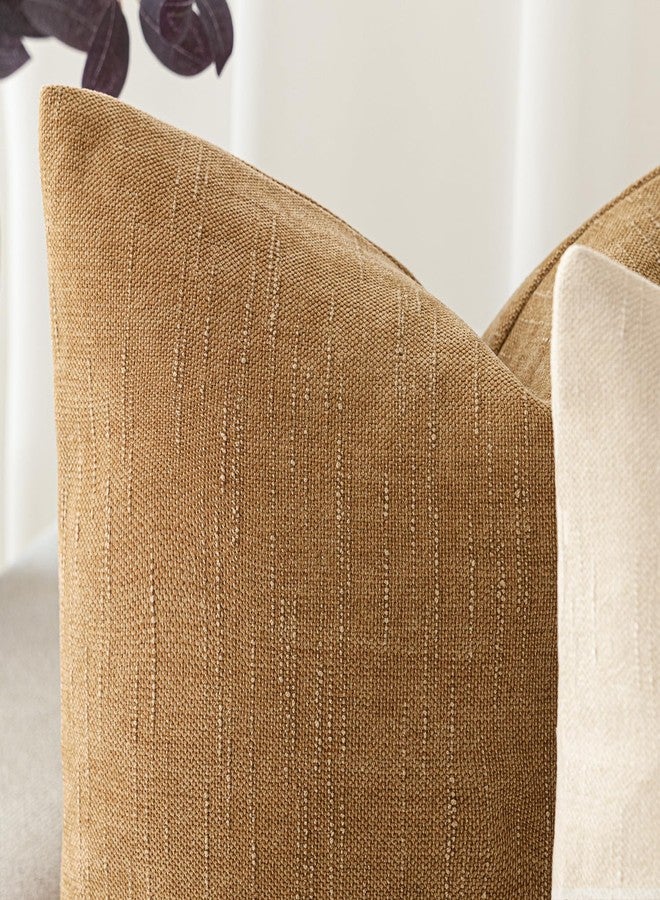 Foindtower Set of 2 Soft Textured Chenille Throw Decorative Pillow Covers Square Accent Solid Cushion Cover Neutral Farmhouse Pillow Case for Couch Sofa Bedroom Living Room 16x16 Inch,Golden Brown - Image 2