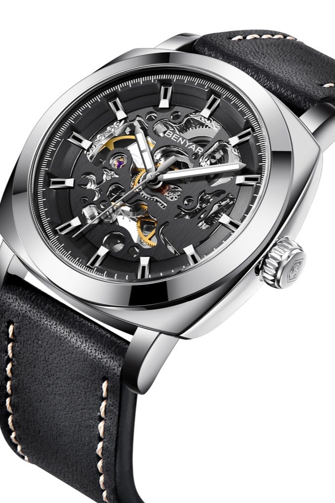 BENYAR Men's Watch Fashion Business Watch Men's Chronograph Mechanical Watch Dial Structure Waterproof BY5121 White Shell Black - Image 2