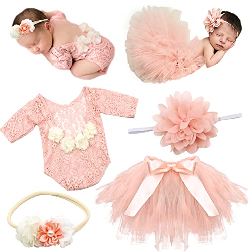 SPOKKI 4 PCS Newborn Photography Props Outfits-BabyTutu Skirt Cute Bow Headdress and Lace Rompers Flower Headband Sets for Infants Girl Boy - Image 1