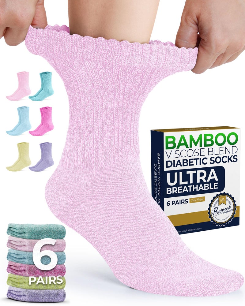 Pembrook Diabetic Socks for Women - 6 Pairs Bamboo Viscose Diabetic Socks for Women size 9-11, Non-Binding Top, Moisture-Wicking, Pastel Pink, Mint Green, Fuchsia, Lilac, Yellow, Pastel Blue YEL/6 - Image 1