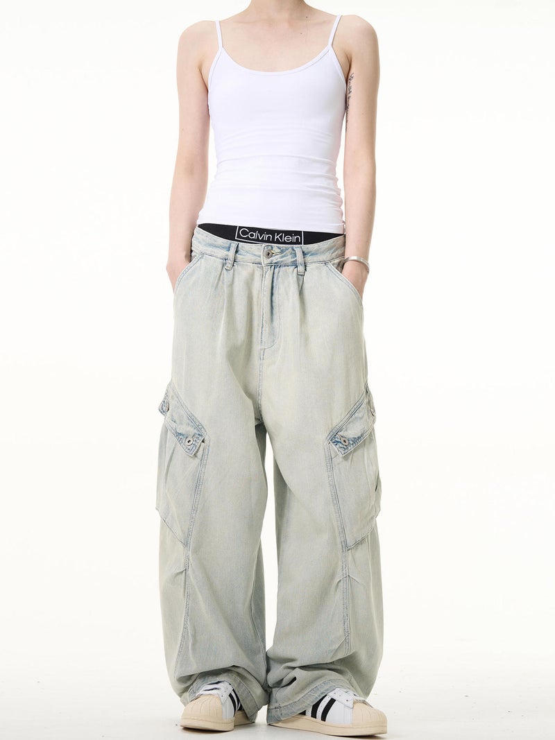 American Style Retro Washed Tooling Jeans Men'S And Women'S Handsome High-End Straight All-Match Loose Wide-Leg Pants Men'S Trendy - Image 2