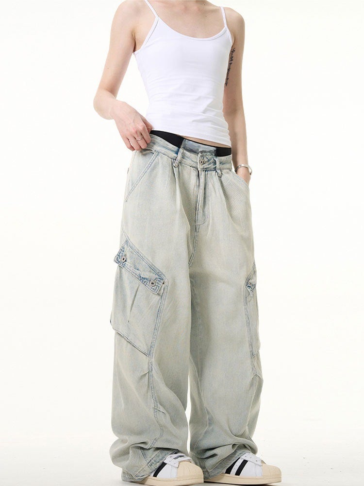 American Style Retro Washed Tooling Jeans Men'S And Women'S Handsome High-End Straight All-Match Loose Wide-Leg Pants Men'S Trendy - Image 5