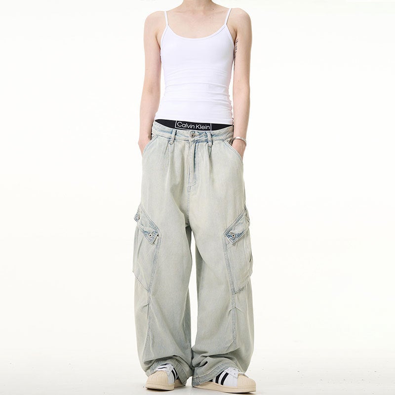 American Style Retro Washed Tooling Jeans Men'S And Women'S Handsome High-End Straight All-Match Loose Wide-Leg Pants Men'S Trendy - Image 1