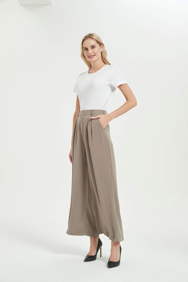 Tronjori Women High Waist Casual Wide Leg Long Palazzo Pants Trousers Regular Size(L,Mocha) - Image 3
