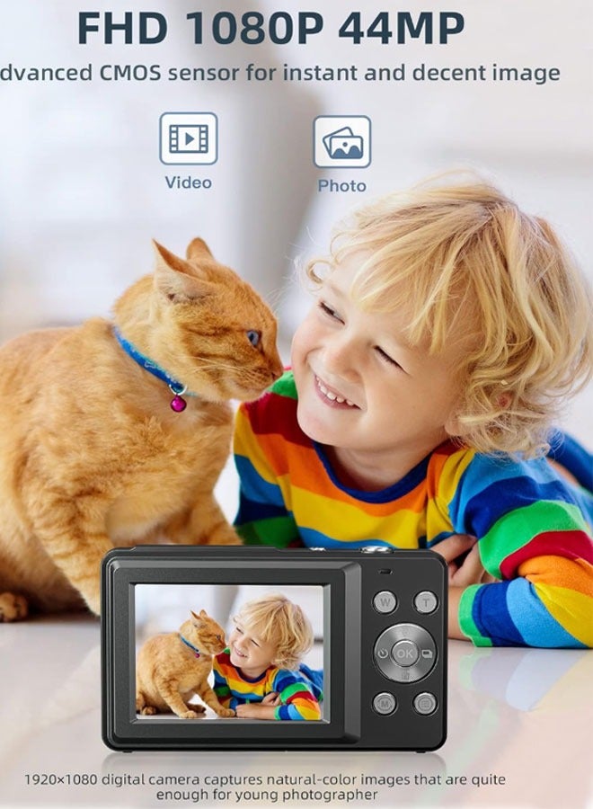 Digital Camera FHD 1080P Kids Camera 44MP Point and Shoot Digital Cameras with 32GB SD Card 16X Zoom Two Batteries  Lanyard Compact Small Camera for Kids Boys Girls  Black - Image 2