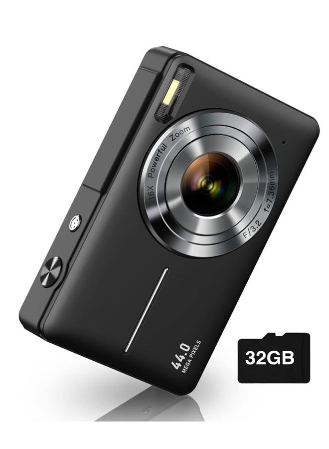 Digital Camera FHD 1080P Kids Camera 44MP Point and Shoot Digital Cameras with 32GB SD Card 16X Zoom Two Batteries  Lanyard Compact Small Camera for Kids Boys Girls  Black - Image 1