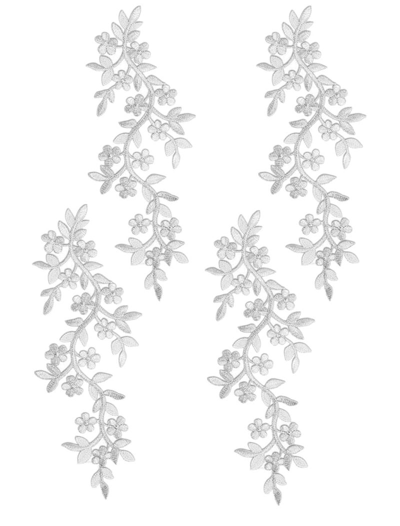 MSCFTFB 4 Pieces 10x5inch Long Patch Flower Vine with Leaf Iron on Patch Embroided Applique for Garment Curtain Pillow Blanket Trimming Shoes Jeans Clothing Embelishments (Silver) - Image 1