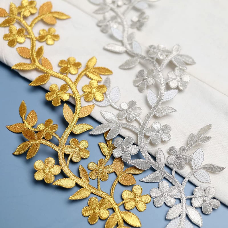 MSCFTFB 4 Pieces 10x5inch Long Patch Flower Vine with Leaf Iron on Patch Embroided Applique for Garment Curtain Pillow Blanket Trimming Shoes Jeans Clothing Embelishments (Silver) - Image 3