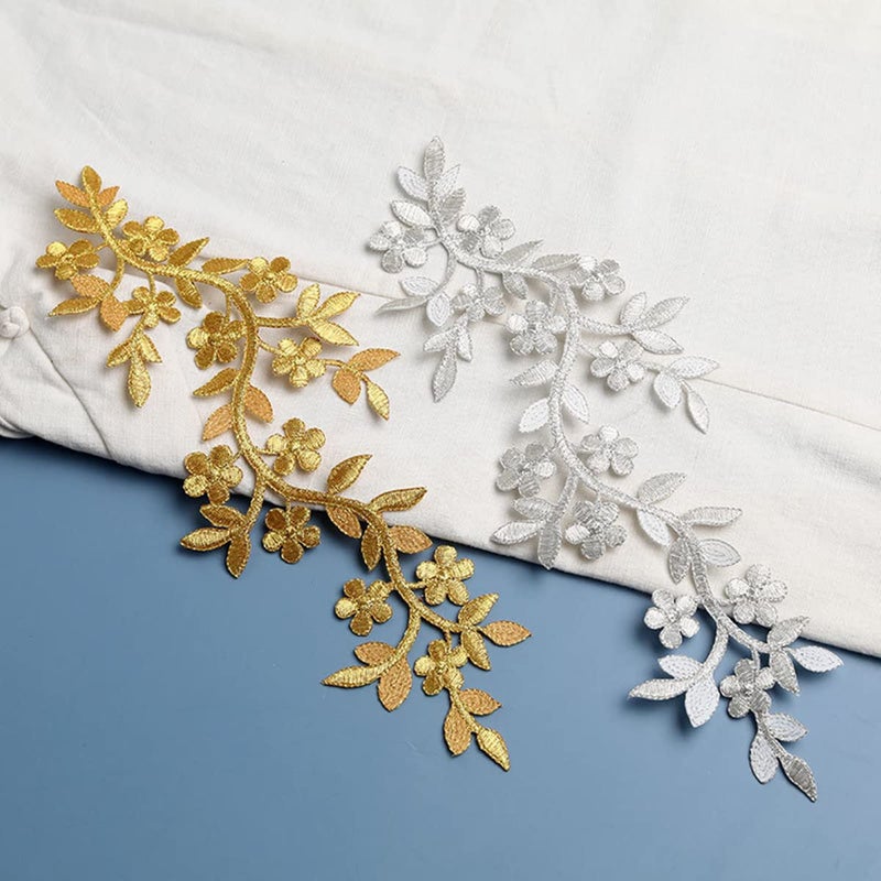 MSCFTFB 4 Pieces 10x5inch Long Patch Flower Vine with Leaf Iron on Patch Embroided Applique for Garment Curtain Pillow Blanket Trimming Shoes Jeans Clothing Embelishments (Silver) - Image 4