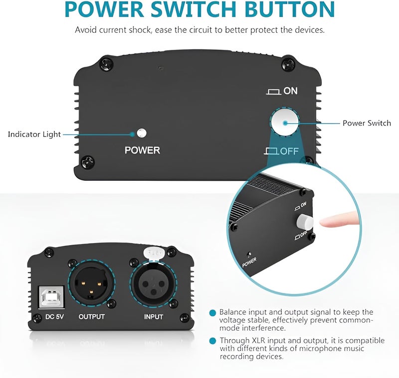 Powerpak 48V Phantom Power Supply with USB Cable & XLR Cable for Any Condenser Microphone Music Recording Equipment for Laptop and Pc & Mobile - Image 2
