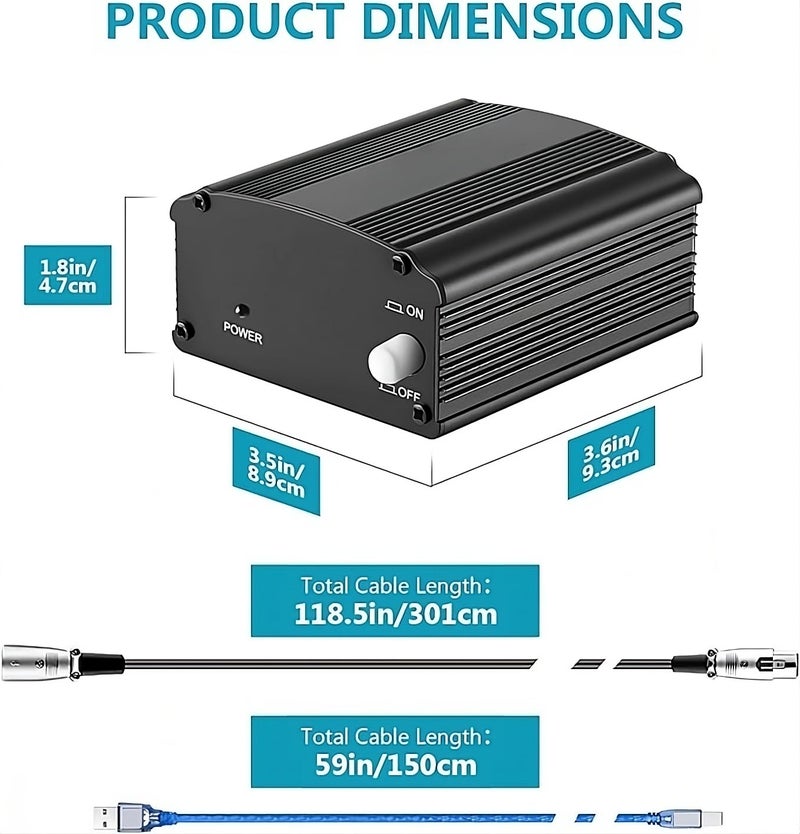 Powerpak 48V Phantom Power Supply with USB Cable & XLR Cable for Any Condenser Microphone Music Recording Equipment for Laptop and Pc & Mobile - Image 3