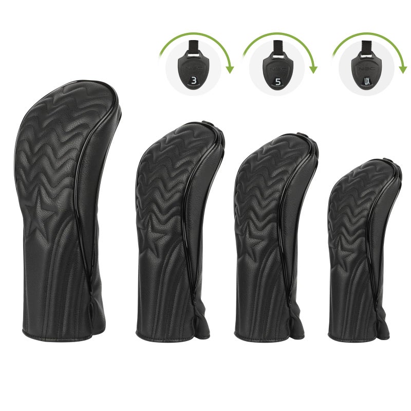 PONADA Head Covers for Golf Clubs - 4pcs Golf Club Head Covers for Woods and Driver Fairway Hybrid with Interchangeable Tags for Golf Accessories - Black - Image 1