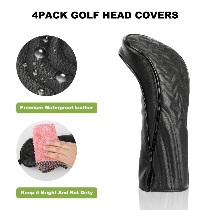 PONADA Head Covers for Golf Clubs - 4pcs Golf Club Head Covers for Woods and Driver Fairway Hybrid with Interchangeable Tags for Golf Accessories - Black - Image 4