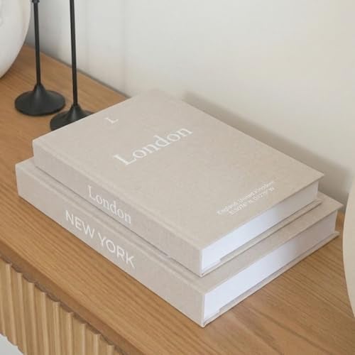 AMINALUX Faux Book Storage Box Set of 2BeigeBeigeDecorative Faux Books with Hidden Storage for Coffee Table Decor Bookshelf or MantleLinen Decorative BoxesAesthetic Book Decor for Home - Image 1