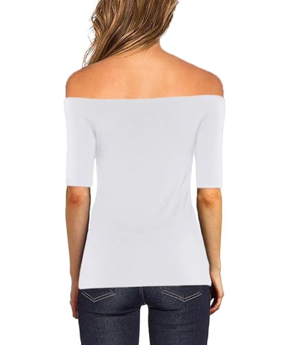 Sarin Mathews Women's Sexy Slim Fit Stretchy Off Shoulder Elbow Half Sleeve Blouse Tops White M - Image 3