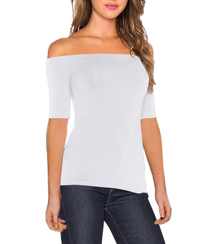 Sarin Mathews Women's Sexy Slim Fit Stretchy Off Shoulder Elbow Half Sleeve Blouse Tops White M - Image 2