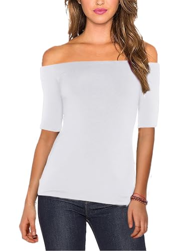 Sarin Mathews Women's Sexy Slim Fit Stretchy Off Shoulder Elbow Half Sleeve Blouse Tops White M - Image 5