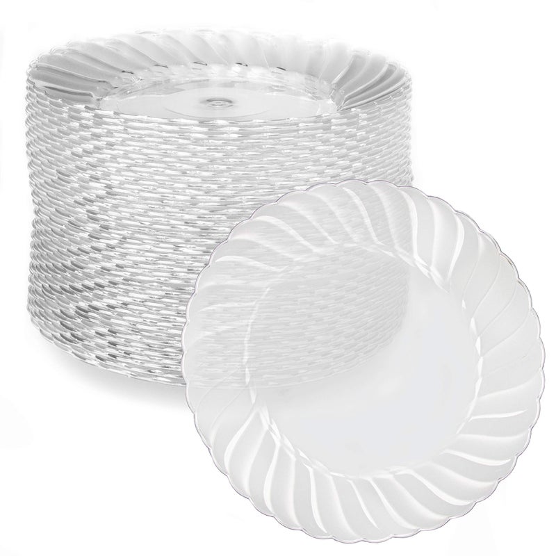 Ilyapa 100 Pack 7 Inch Disposable Dessert Plates Plastic Clear Party Plate Sets for 100 Guests Clear Appetizer and Cake Plates 7 Party  Dinner Accessories Scalloped
