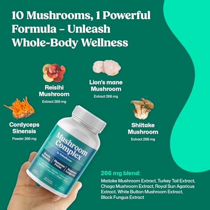 ColonBroom Mushroom Complex, Powerful Mushroom Blend with Cordyceps, Reishi, Shiitake, Lion’s Mane Extract for Energy, Immunity, Stress Relief & Cognitive Health - 60 Capsules (120 Count (Pack of 2)) - Image 4