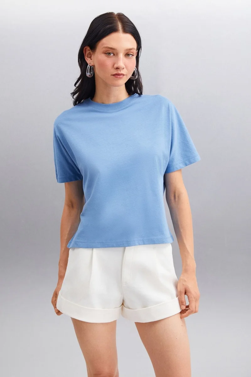 GRIMELANGE Lottie Women's 100% Organic Cotton Regular Fit Crew Neck Basic Short Sleeve Indigo T-shirt