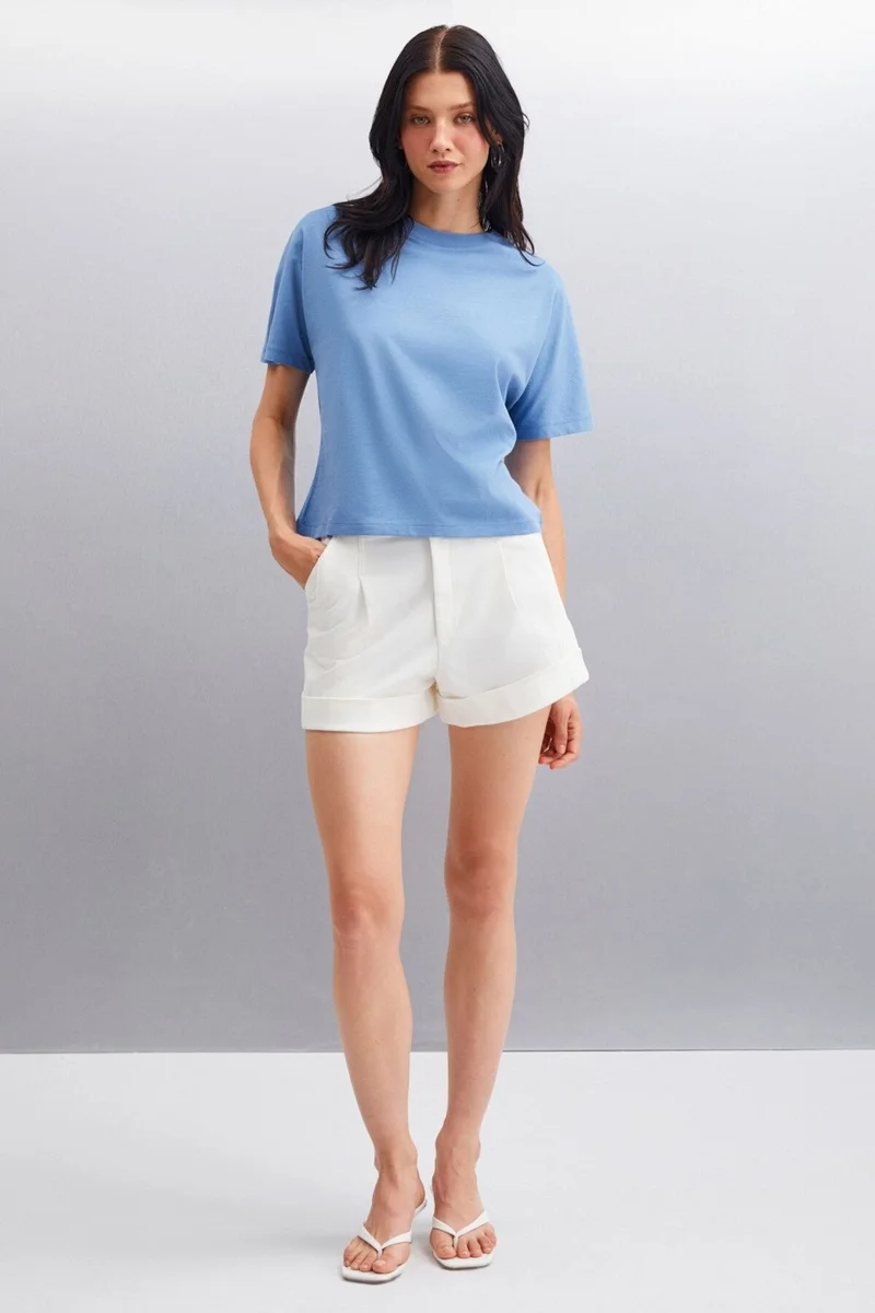 GRIMELANGE Lottie Women's 100% Organic Cotton Regular Fit Crew Neck Basic Short Sleeve Indigo T-shirt
