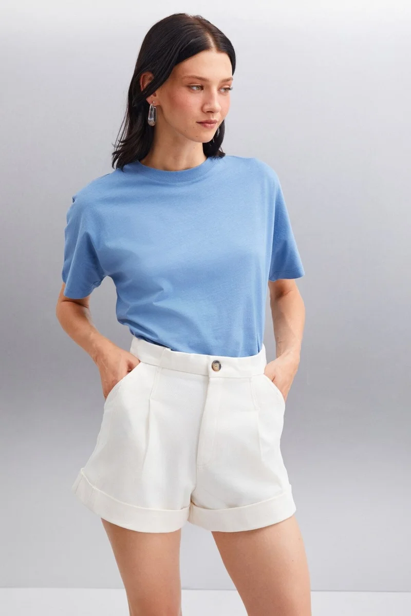 GRIMELANGE Lottie Women's 100% Organic Cotton Regular Fit Crew Neck Basic Short Sleeve Indigo T-shirt