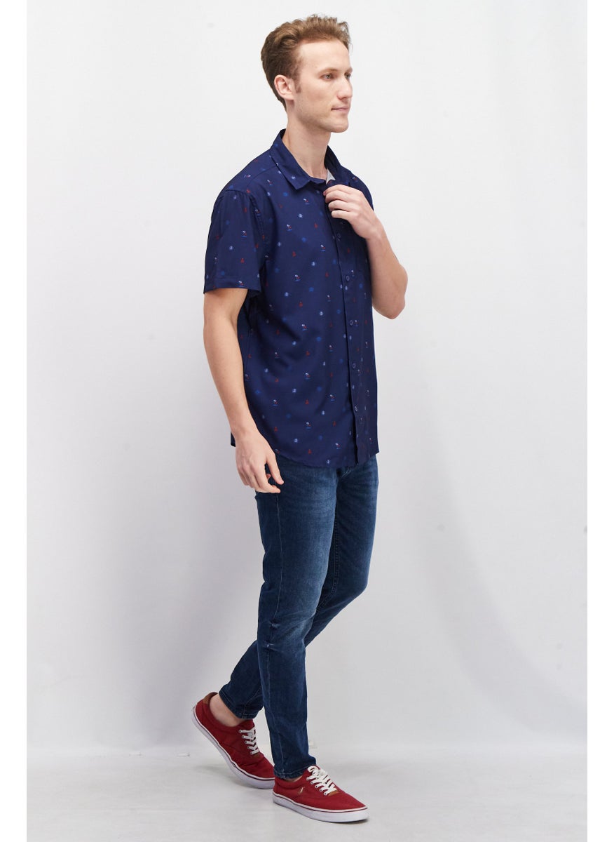 Beach Bros Men Regular Fit Short Sleeve Allover Print Casual Shirt, Blue  - Image 4