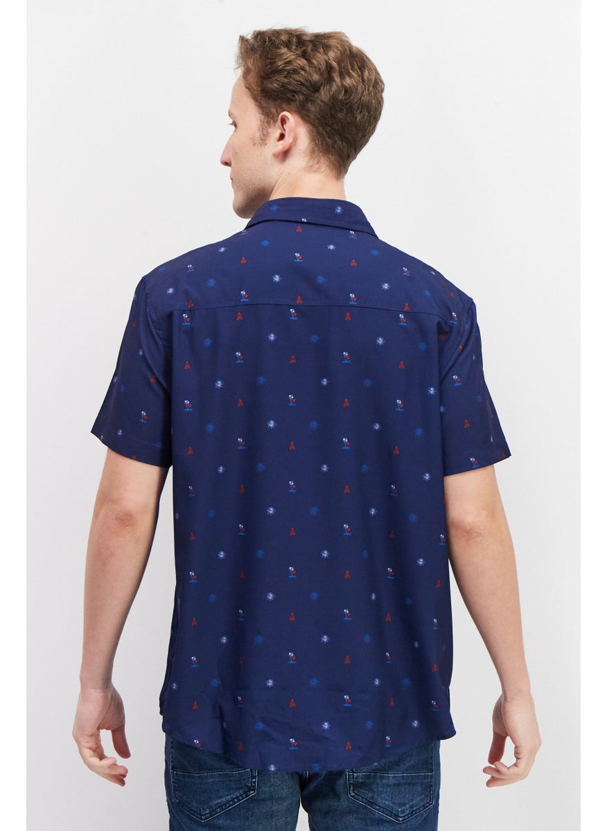 Beach Bros Men Regular Fit Short Sleeve Allover Print Casual Shirt, Blue  - Image 3