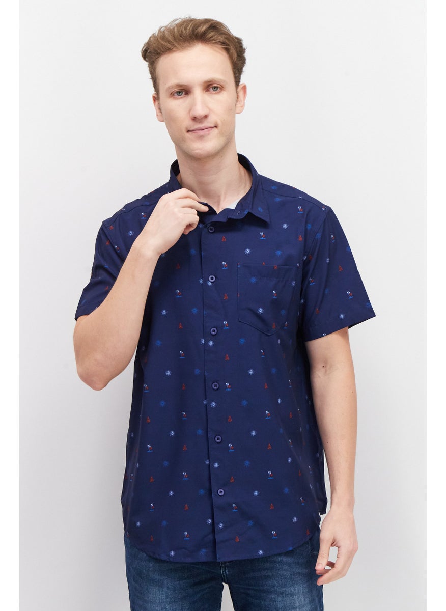 Beach Bros Men Regular Fit Short Sleeve Allover Print Casual Shirt, Blue  - Image 1