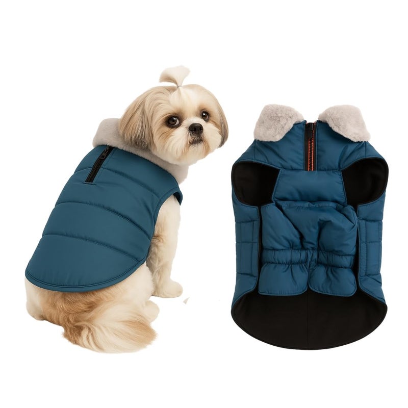 PawCloud PetWag Dog Puffer Jacket | Waterproof & Windproof Winter Coat with Warm Fleece Lining & Fur Collar | Lightweight, Ultra-Warm, Machine Washable Dog Winter Wear | Navy Blue, Small - 14 Inch - Image 1