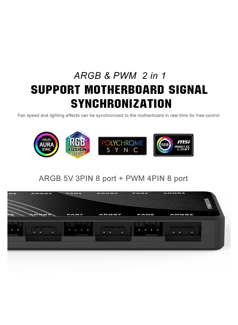 ARGB Fan HUB Controller, PWM Fan Hub Support 8 Groups of Fans for Addressable 5V 3Pin ARGB  12V 4Pin PWM, 2-in-1 RGB Case Fan Hub with Hidden Magnetic Base and SATA Power - Image 2