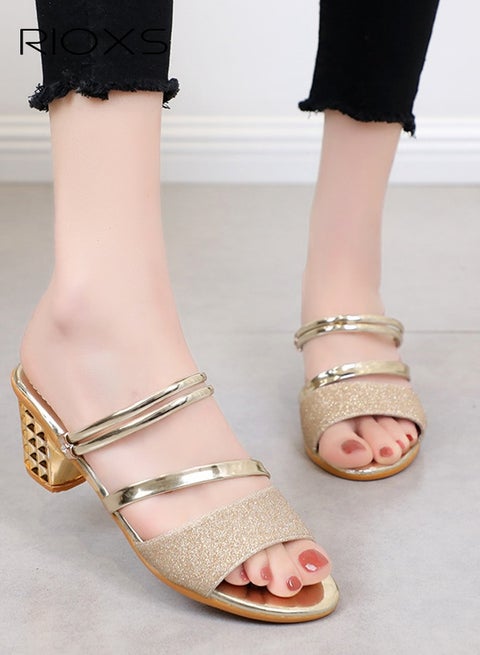 حذاء نسائي بكعب سميك وحزام، صندل عصري لامع بمقدمة مفتوحة وكعب مربع، حذاء مريح للسيدات، حذاء صيفي بأربطة مزدوجة للمواعيد/حفلات الزفاف/العمل/النادي/الحفلات، لون ذهبي