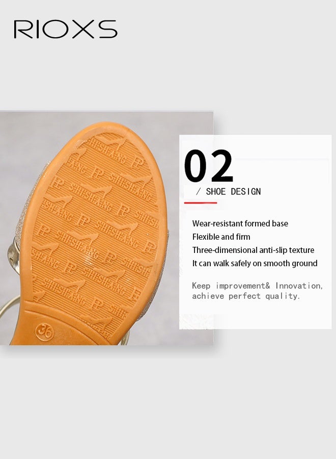 ريوكس حذاء نسائي بكعب سميك وحزام، صندل عصري لامع بمقدمة مفتوحة وكعب مربع، حذاء مريح للسيدات، حذاء صيفي بأربطة مزدوجة للمواعيد/حفلات الزفاف/العمل/النادي/الحفلات، لون ذهبي - Image 5