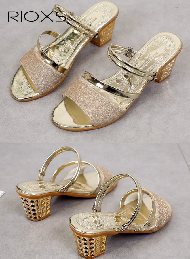 ريوكس حذاء نسائي بكعب سميك وحزام، صندل عصري لامع بمقدمة مفتوحة وكعب مربع، حذاء مريح للسيدات، حذاء صيفي بأربطة مزدوجة للمواعيد/حفلات الزفاف/العمل/النادي/الحفلات، لون ذهبي - Image 2