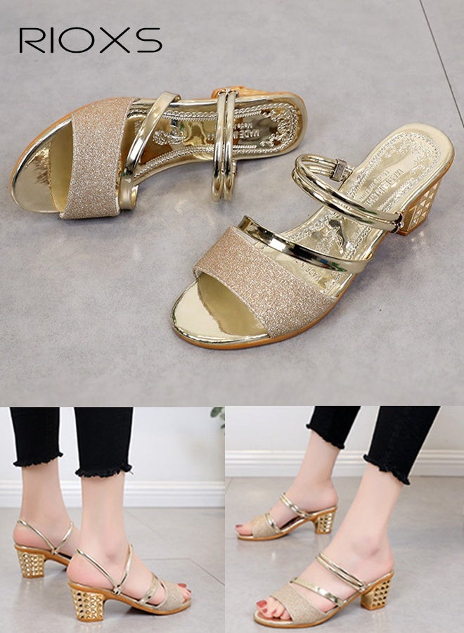 ريوكس حذاء نسائي بكعب سميك وحزام، صندل عصري لامع بمقدمة مفتوحة وكعب مربع، حذاء مريح للسيدات، حذاء صيفي بأربطة مزدوجة للمواعيد/حفلات الزفاف/العمل/النادي/الحفلات، لون ذهبي - Image 3