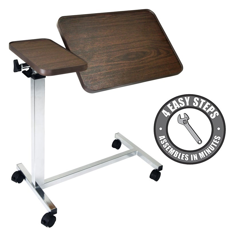 Vaunn Medical Pneumatic Adjustable Tilt Overbed Bedside Table with Wheels for Hospital and Home Use - Image 1