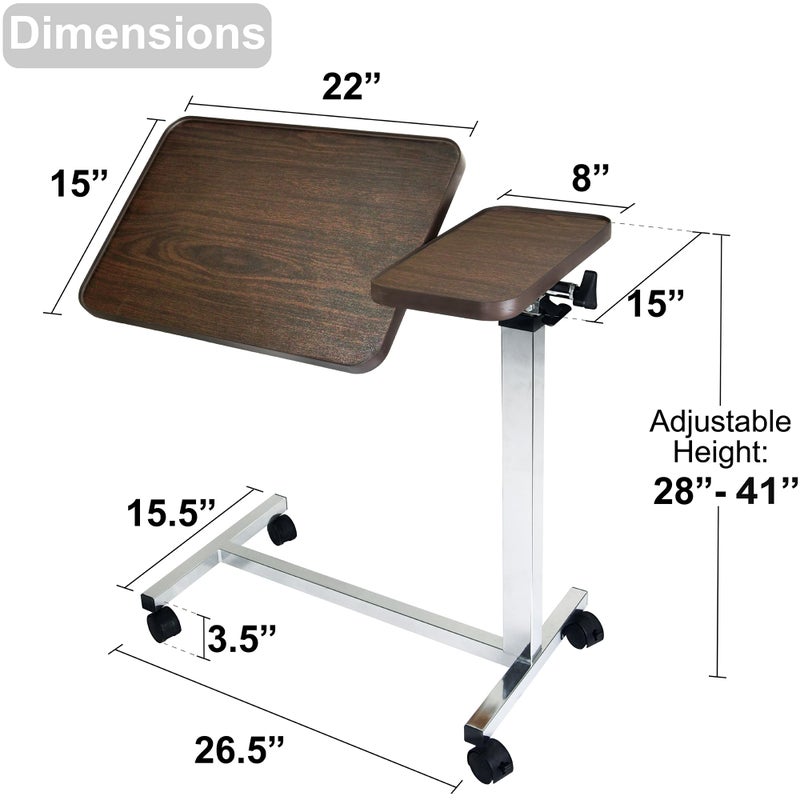 Vaunn Medical Pneumatic Adjustable Tilt Overbed Bedside Table with Wheels for Hospital and Home Use - Image 2